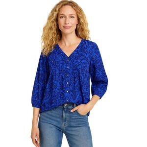 J.Jill Paisley Cotton Voile Pintuck Button Front Blouse Large Blue Boho Resort